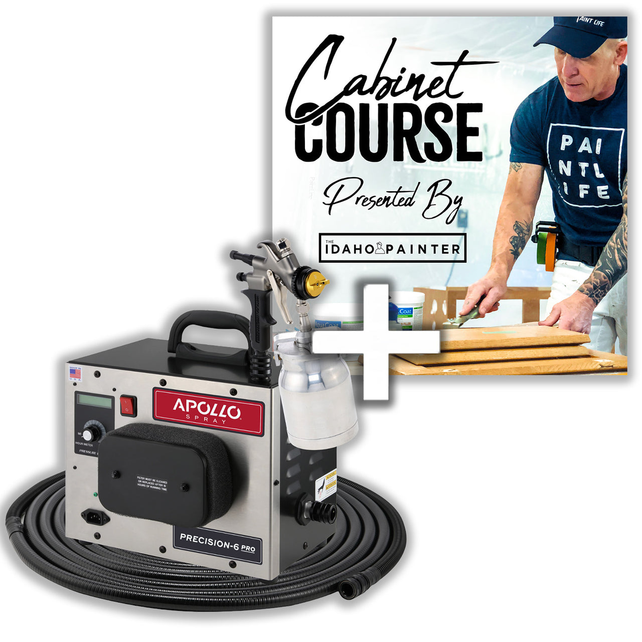 Paint Life Cabinet Course Deal. Apollo paint sprayer with 'Cabinet Course' promotional graphic featuring a person painting.