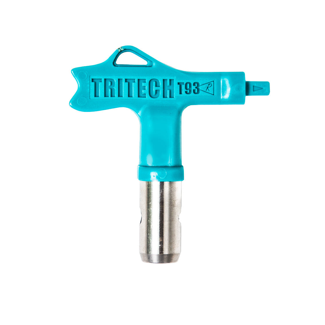 A blue TriTech airless paint spray tip with metallic details.