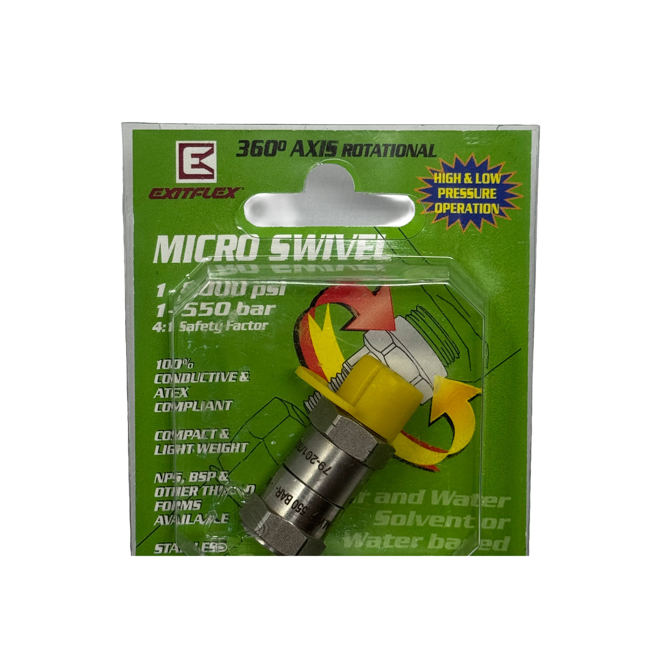 Metal valve with 'Swiss Made' engraving on a white background.  ExitFlex straight swivel exclusively at Paint Life Supply Co.