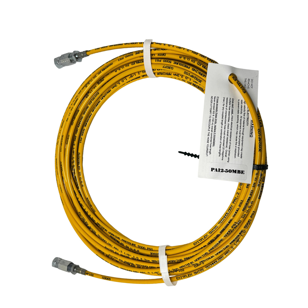 Paint Life ExitFlex hose whip.  Coiled yellow cable with connectors on a white background