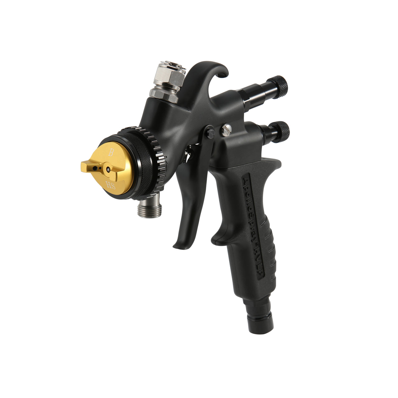 Apollo HVLP Atomizer Black Edition Gun From Paint Life Supply Co. Black spray gun with gold nozzle on a white background