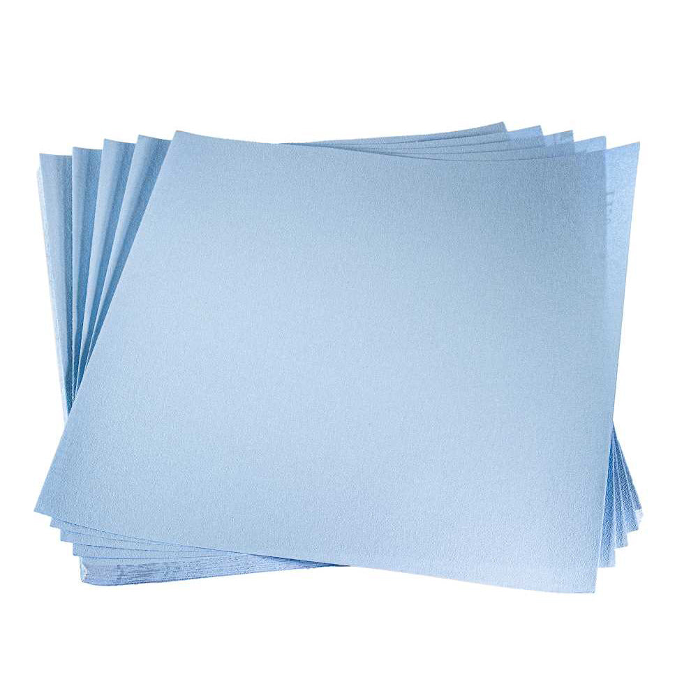 Stack of blue paper sheets on a white background. Uneeda Ekablue sanding abrasives from Paint Life Supply Co.