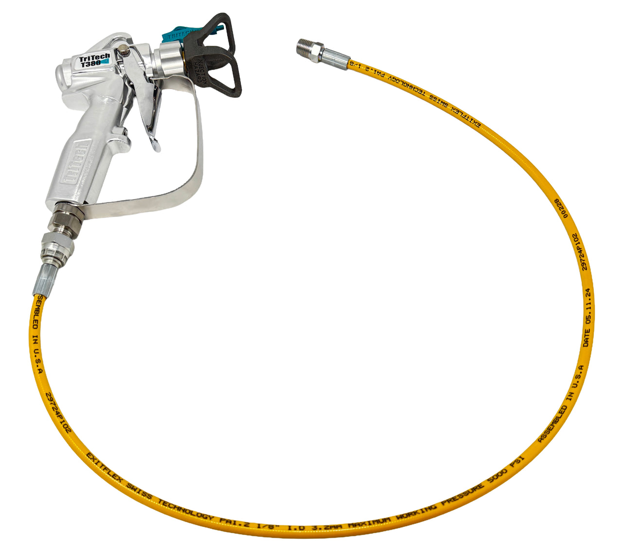 ExitFlex airless hose whip from Paint Life Supply Co. Spray gun with yellow hose on a white background.
