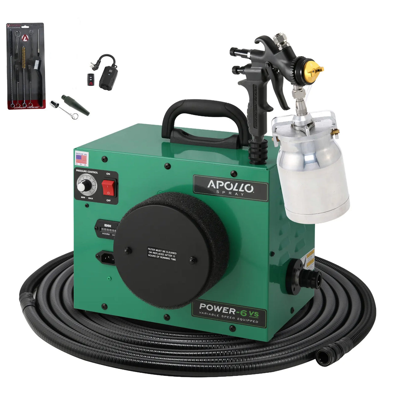 Apollo Power-6 Vs from Paint Life Supply Co. Green Apollo spray machine with black handle on a white background.  