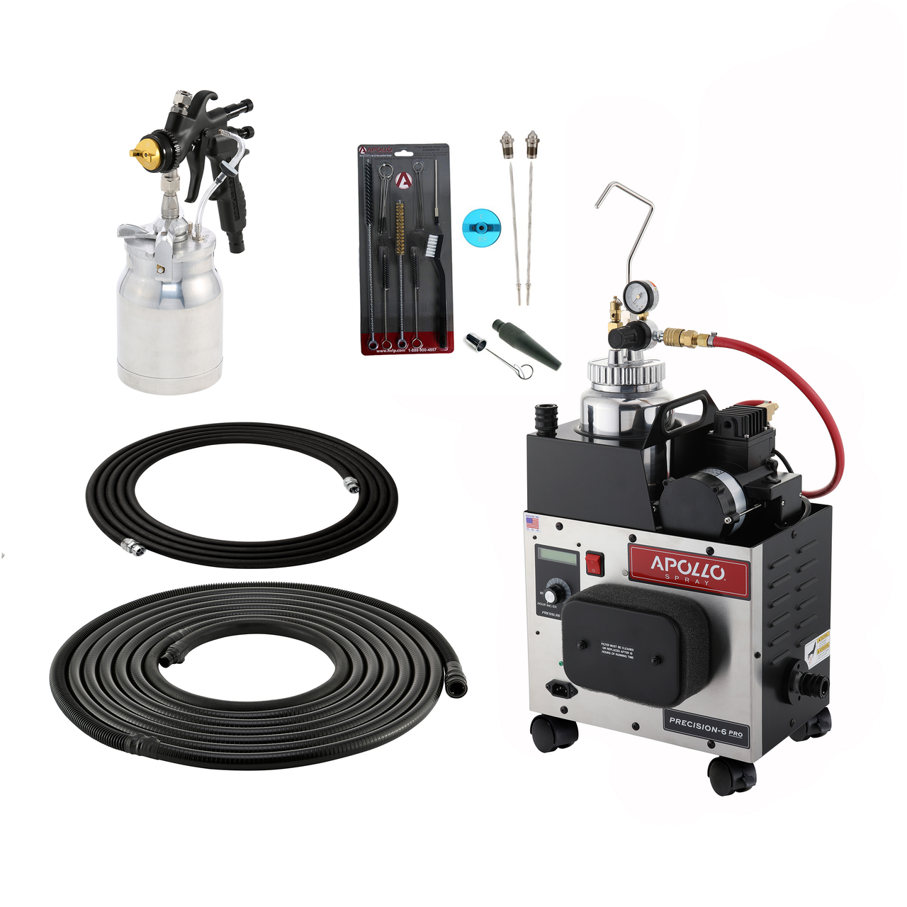 Spray gun, hoses, nozzles, and Apollo pressure washer on a white background.  Apollo HVLP Precision-6 PRO with Pressure Pot System - Plus Package Paint Life Supply Co. with the new Black Edition Atomizer.