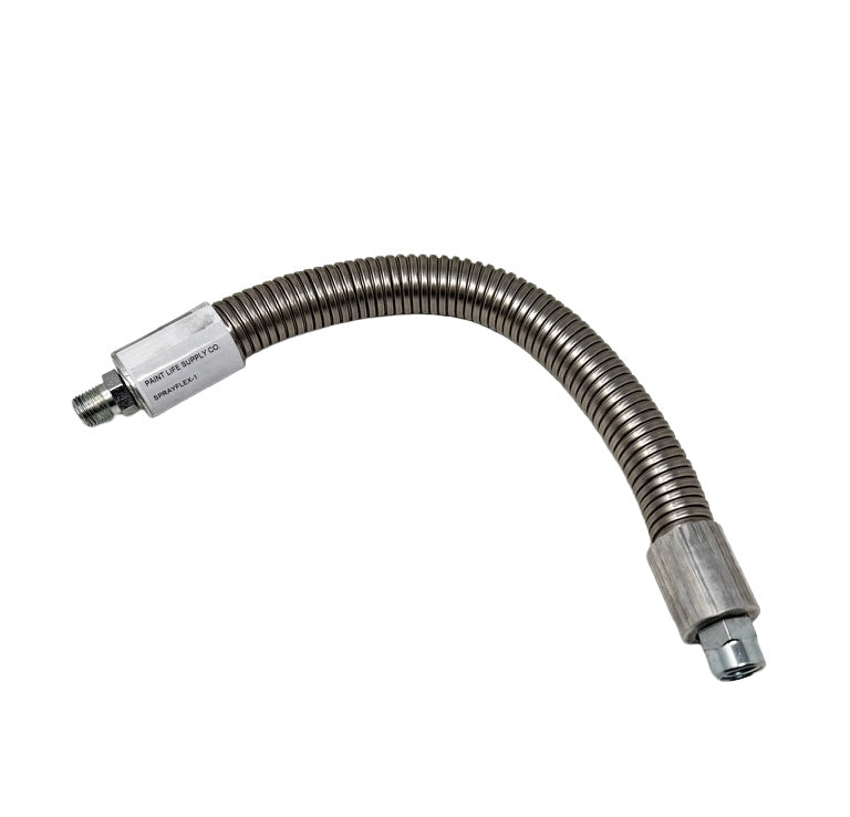 Flexible metal hose with a fitting on a white background. Pressure Washer Spray Flex from Paint Life Supply Co.