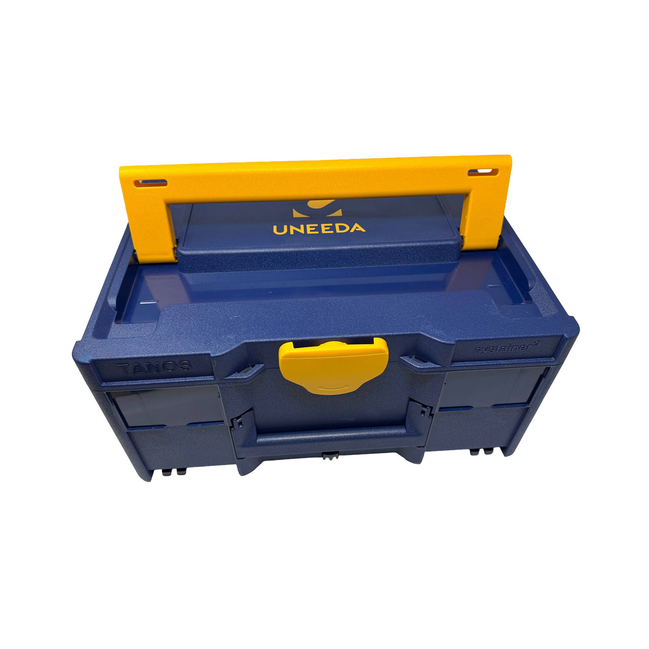 Ekasand Systainer Tool Box for your 3x4 sander. Blue toolbox with yellow lid and handle on a white background