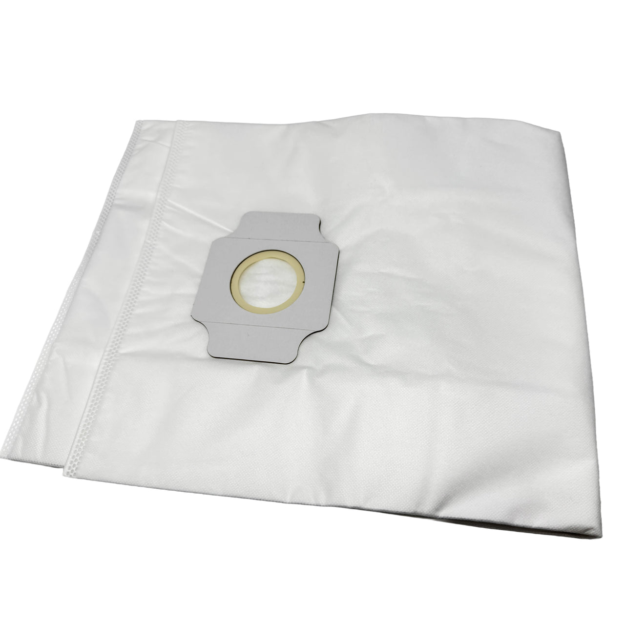 White vacuum filter bag with a gold circular opening on a white background