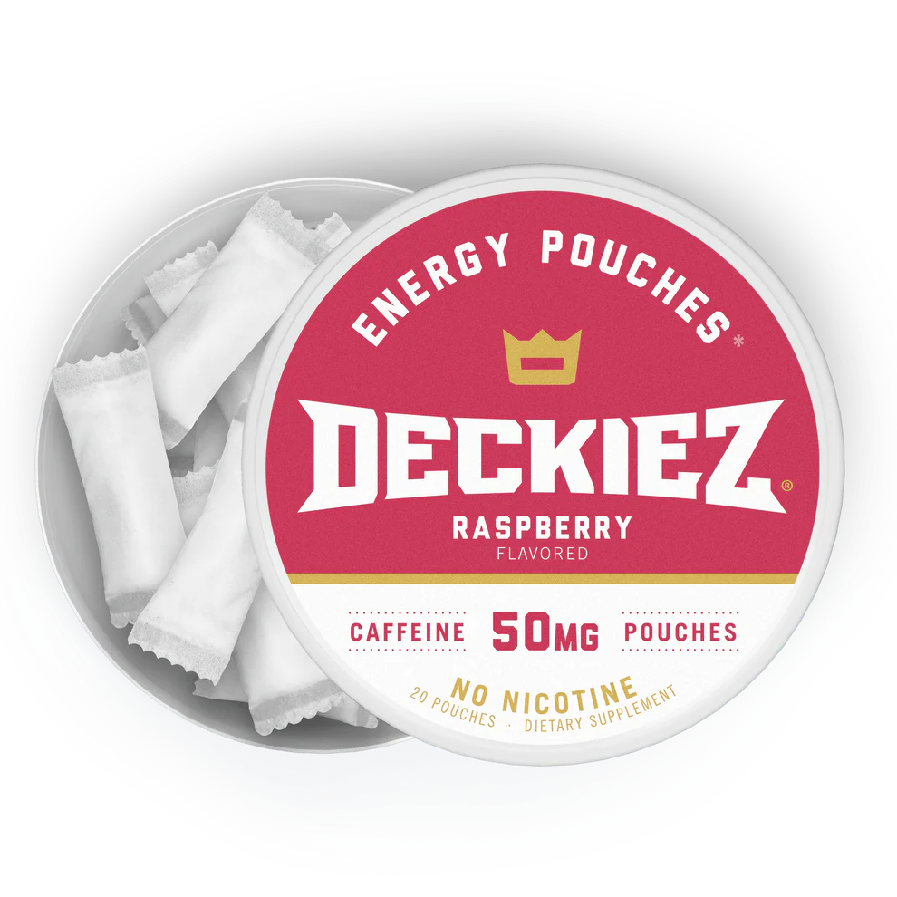 Container of Deckiez energy pouches with raspberry flavor on a white background. Available at Paint Life Supply Co.