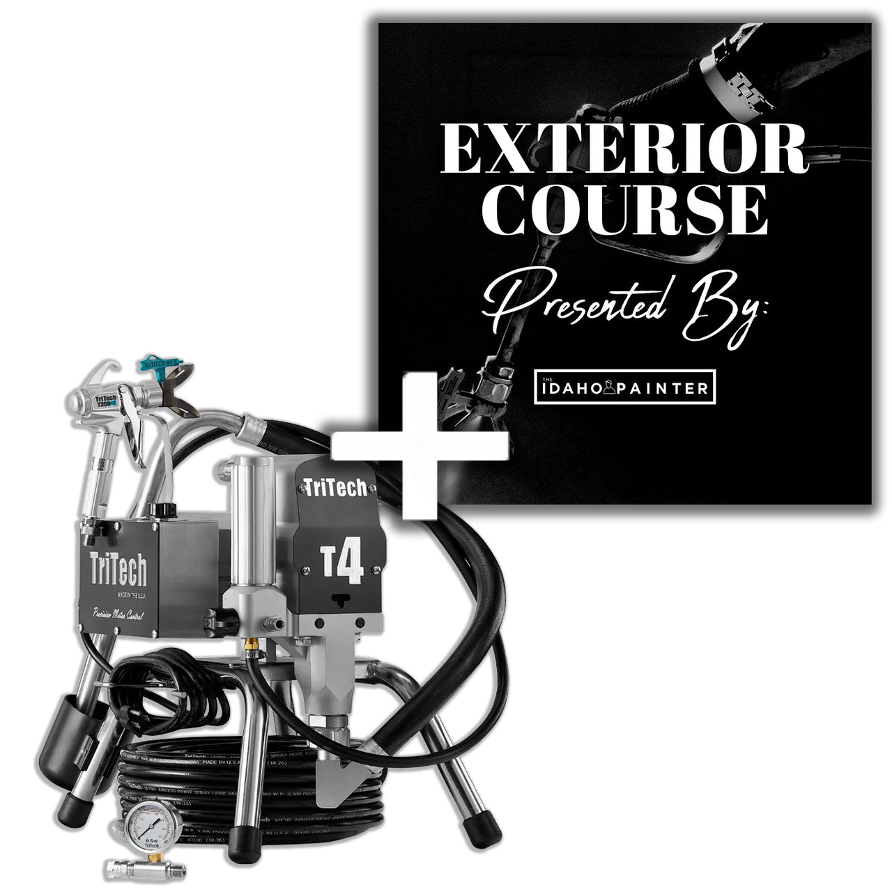 TriTech T4 paint sprayer with Idaho Painter promotional graphic on a white background