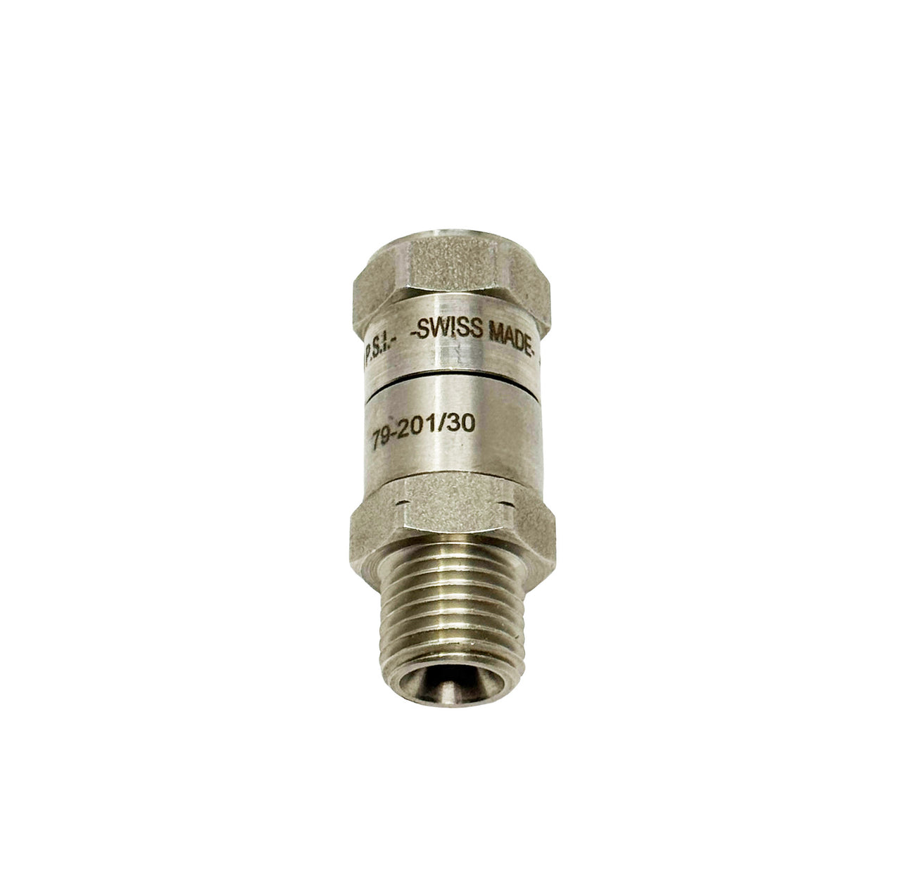 Metal valve with 'Swiss Made' engraving on a white background.  ExitFlex straight swivel exclusively at Paint Life Supply Co.